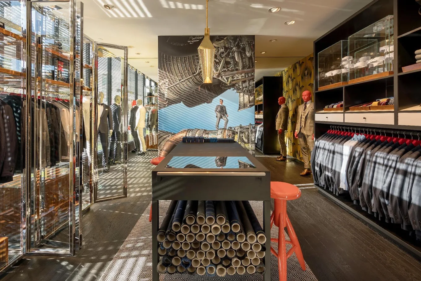 Suitsupply interior with a tailoring table, fabric bolts and jackets